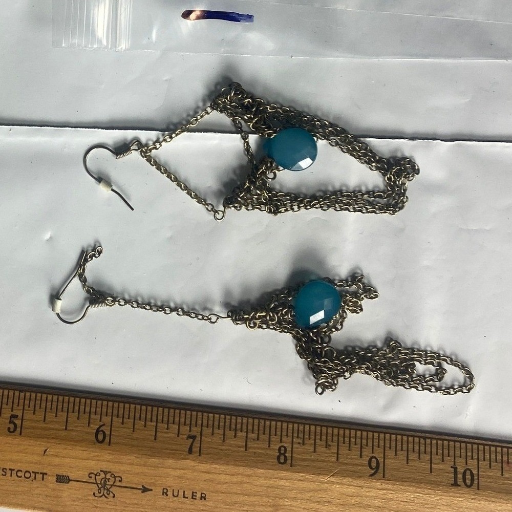 Silver Tone Chain Drop Earrings With Blue Gemstones Dangle